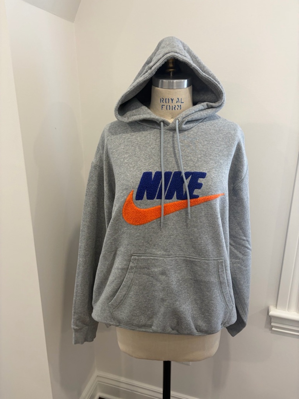 Nike Gray Crewneck Hoodie with Blue felt knit Logo and Orange Swoosh